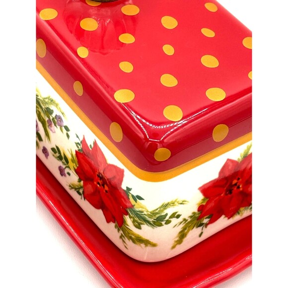 Pioneer Woman Holiday Cheer Red Gold Poinsettias Stoneware Covered Butter Dish - Picture 13 of 16